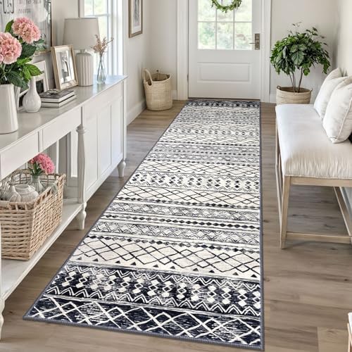 KUTA Moroccan Boho Geometric Washable Runner Rug 2.6x10 Black Navy Blue by KUTA