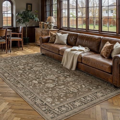 PureCozy Brown Area Rug 5x7 Vintage Floral Distressed by PureCozy