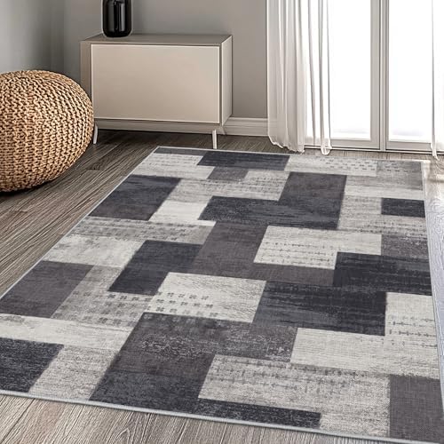 Modern Geometric Patchwork Indoor Charcoal Area Rug - Image 6