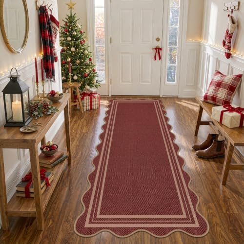 Scalloped 2x6 Christmas Runner Rug, Washable Rugs by LORWER