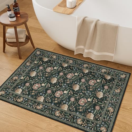 DUKINO 2x3 Rug, Washable Vintage Floral Bathroom Rugs Non Slip, Dark Green - Image 5