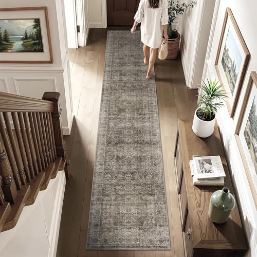 2x10 Brown Grey Runner Rug Vintage Washable Runner Rugs - Image 2