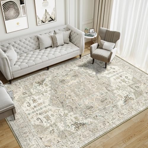 Washable 10x14 Area Rugs, Non Slip Living Room Rug Brown/Ivory - Image 3