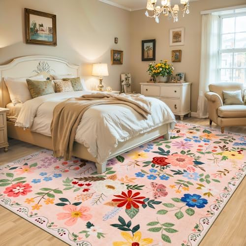 PLHXFR Area Rug Living Room: 4x6 Floral Washable Boho Soft Carpet Beige - Image 3