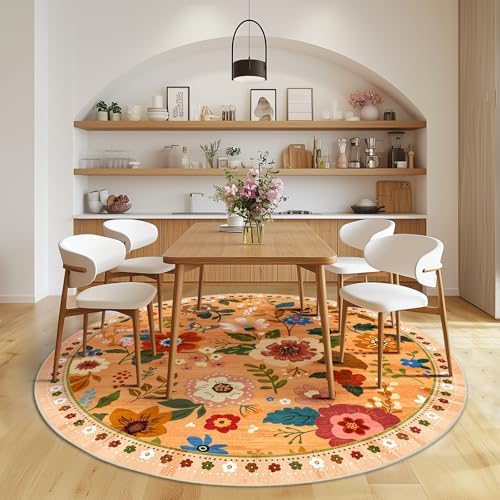 RELEANY Floral Washable Round 8ft Area Rug Orange/Yellow/Red - Image 2