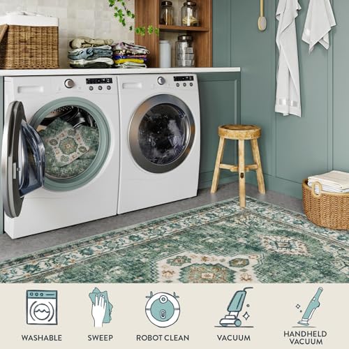 Lahome Oriental Machine Washable Rug, 3x5 Soft Green Rugs - Image 3