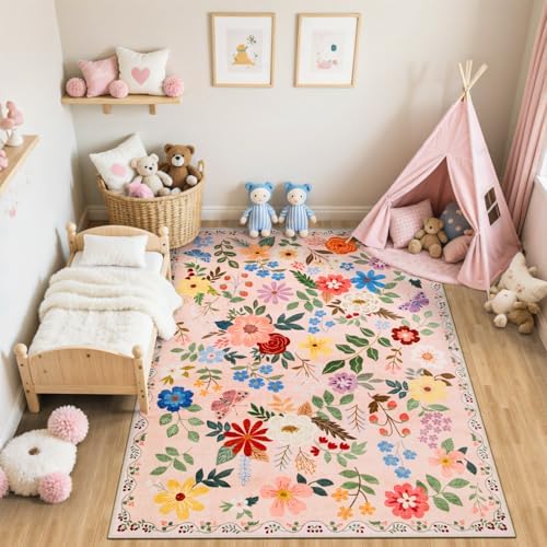 PLHXFR Area Rug Living Room: 4x6 Floral Washable Boho Soft Carpet Beige - Image 5