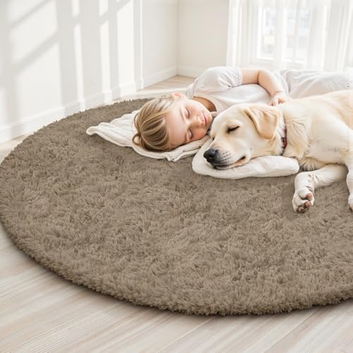 Grey Camel Round Fluffy Rug 6ft Plush Fuzzy Shaggy Carpet - Image 3