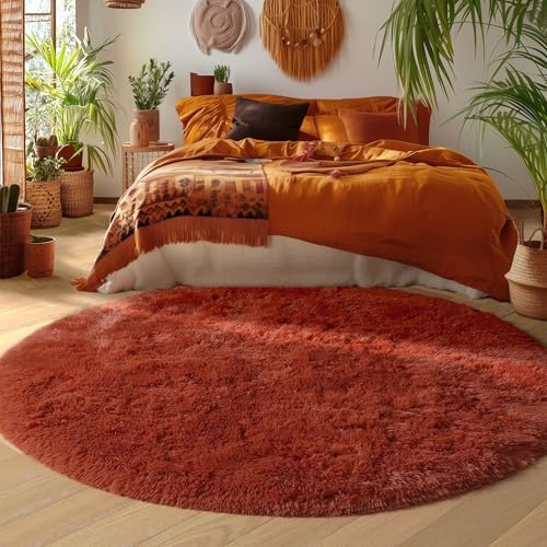 Amdrebio Terracotta Fluffy Round Area Rug 5Ft - Image 6