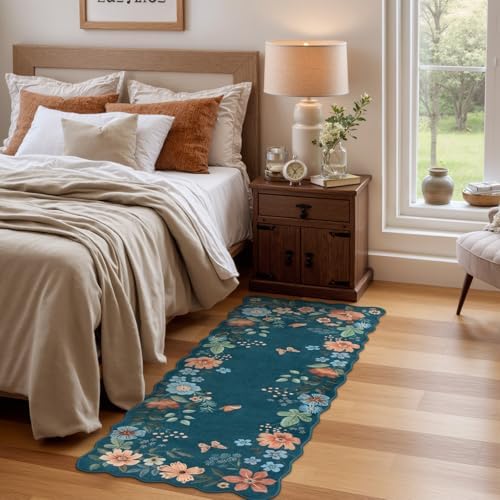 Lahome Floral Rugs for Entryway, 2x4 Washable Kitchen Rugs Blue Scalloped - Image 2