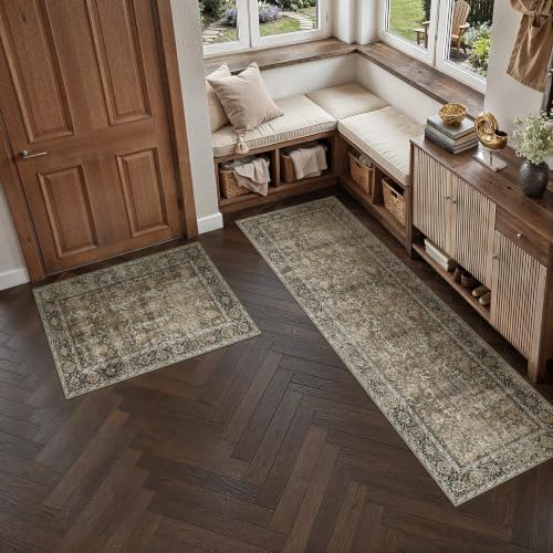 PureCozy Brown Kitchen Rug Set 2 Piece 2x3+2x6 Vintage Distressed - Image 2