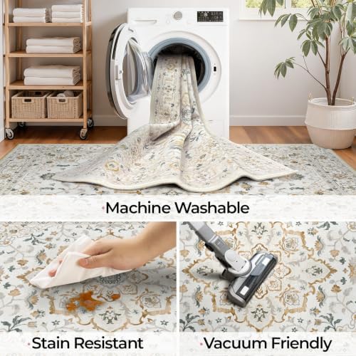 CAPALOCA 5x8 Washable Nursery Girls Low Pile Area Rug Beige White - Image 6