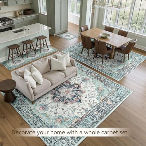 RELEANY Washable Area Rug, Teal Green/White/Navy - Image 4