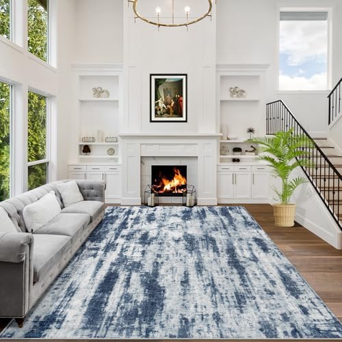 9x12 Area Rugs for Living Room: Washable Abstract Blue Grey Bedroom Carpet by GENTDRIZZ