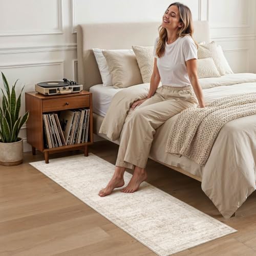 cotiled 2x6 Runner Rug Abstract Washable Non Slip Cartpet Beige Ivory - Image 3