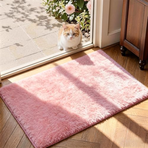 2x3 Pink Fluffy Area Rug for Bedroom and Bedside, Washable Soft Shag Carpet - Image 4