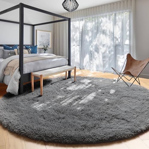 Amdrebio Grey Furry Big Round Area Rug 6Ft - Image 6