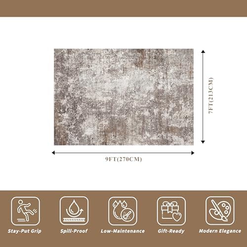 7x9 Modern Living Room Rug – Washable Neutral Abstract Area Rug - Image 2