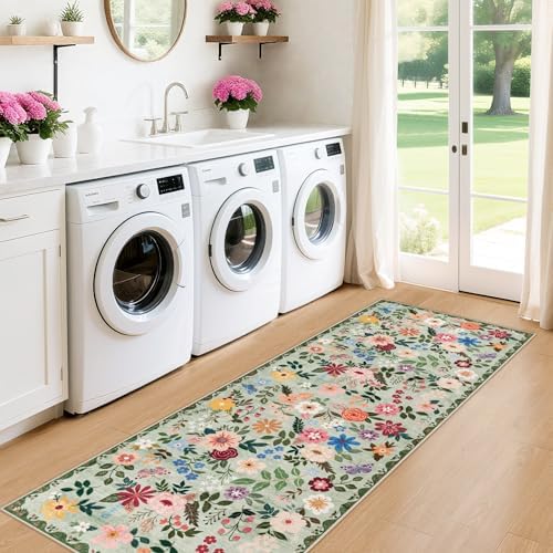 PLHXFR 2.6x8 Washable Runner Rug：Floral Indoor Kitchen Soft Carpet Green - Image 4