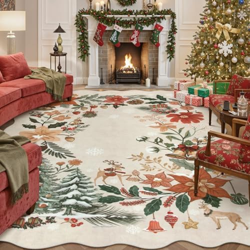 Lahome Floral Christmas Rugs for Living Room, Washable Christmas Rug 8x10 by Lahome