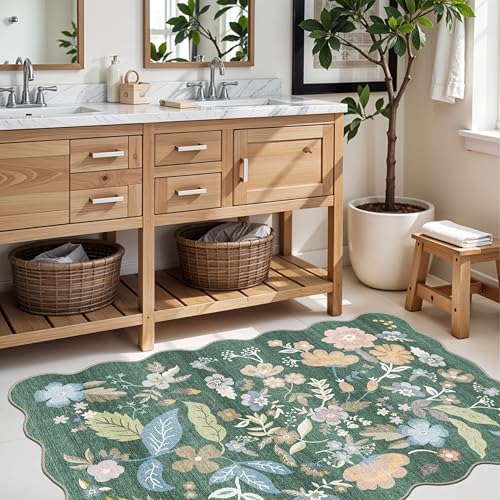 Washable 3x4 Entryway Rug: Boho Scalloped Floral Soft Thin Door Mat Green - Image 3