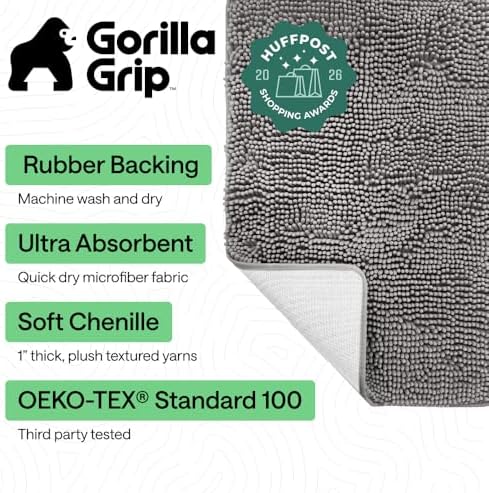 GORILLA GRIP Bath Rug Mat for Bathroom, Absorbent Chenille, 60x24 Gray - Image 2