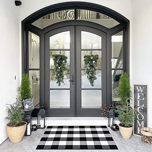 SEEKSEE Fall Decor Buffalo Plaid Outdoor Rug 27.5x43 Black and White Front Door - Image 3