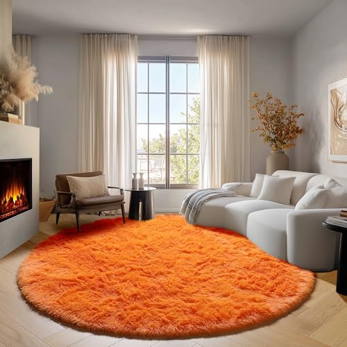 Orange Fluffy Round Rug Circle Area Rugs 4ft - Image 4