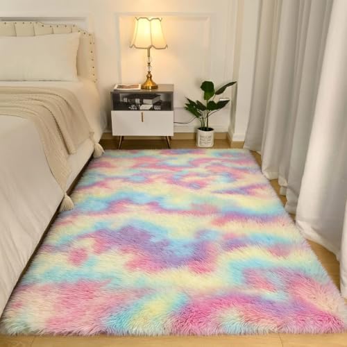 4x6 Rainbow Fluffy Area Rug for Bedroom and Living Room, Washable Soft Shag by NEIGELUO