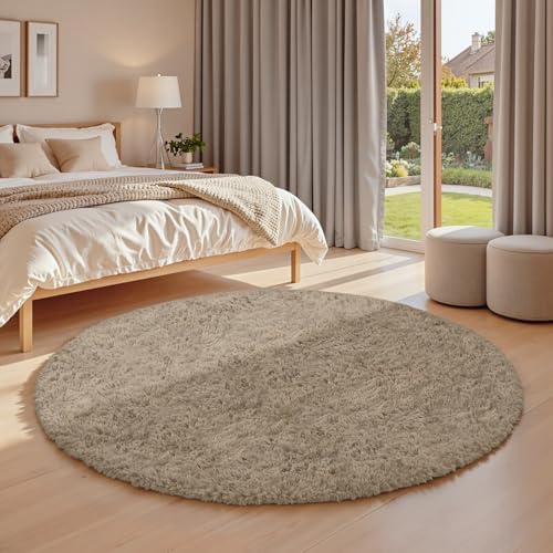Grey Camel Round Fluffy Rug 6ft Plush Fuzzy Shaggy Carpet - Image 2