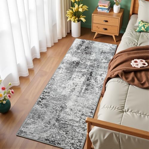Dark Grey Washable Runner Rug for Bedroom, Abstract Non-Slip Soft Entryway Rugs by VisittheFlagover