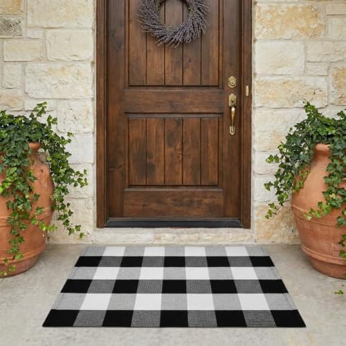 SEEKSEE Fall Decor Buffalo Plaid Outdoor Rug 2' x 3' Black and White Front Door - Image 4