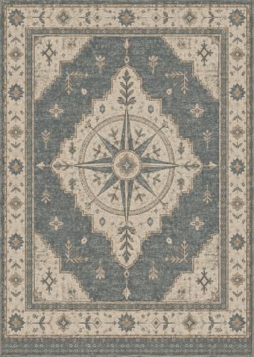5'x7 Faux Wool Washable Area Rug, Slate Blue/Cream by Unknown