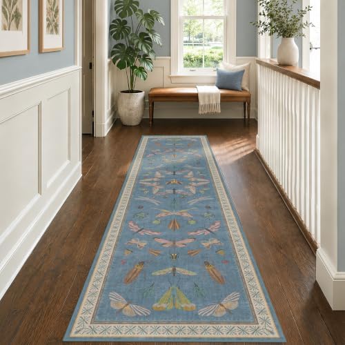 Hazo Haus Blue Boho Hallway Runner Rug 2x8, Washable Non Slip Rug by HazoHaus