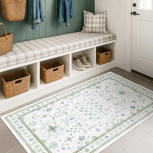 Cream Green and Blue 2x4 Boho Bathroom Rug - Image 6