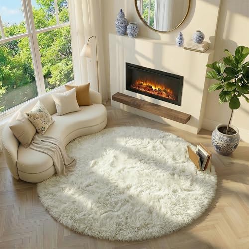 Amdrebio Cream Ivory White Round Fuzzy Rug 4Ft - Image 3