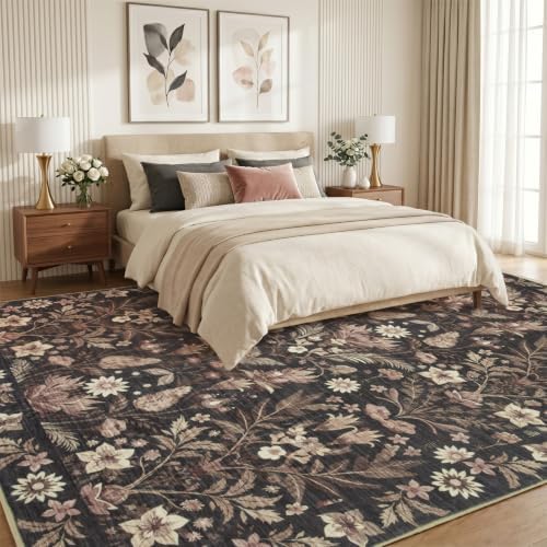 Black Boho Floral Rug 9x12, Washable Area Rugs - Image 3