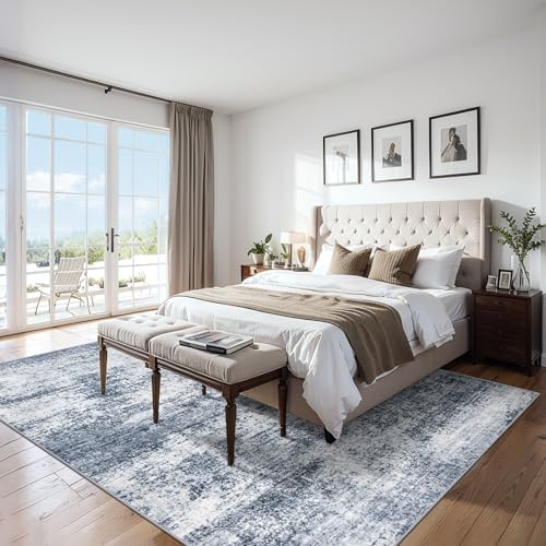 PLHXFR 9x12 Area Rug Living Room: Abstract Washable Carpet Grey Blue - Image 2