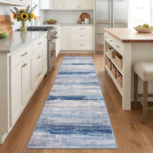 KOZYFLY Modern Washable Rug Runner 2.6x8 Hallway Runners Blue/Grey/Beige - Image 2