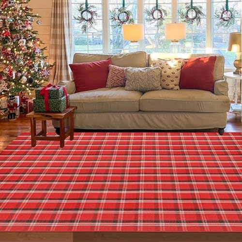 Christmas Red Green White Plaid Rug 8x10 ft, Extra Large Cotton Hand-Woven - Image 3