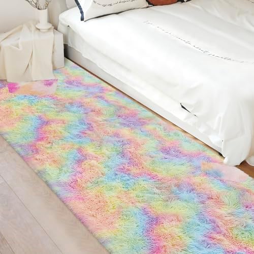 Fluffy Rainbow Rug for Girls Bedroom 3x10 Feet Kawaii Tie Dye Area Rug Colorful - Image 5