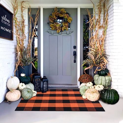 Orange and Black Plaid Rug, Cotton Washable Hand-Woven Rug - Image 3