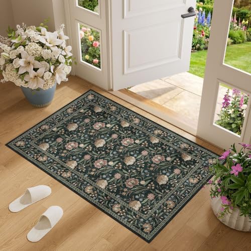 DUKINO 2x3 Rug, Washable Vintage Floral Bathroom Rugs Non Slip, Dark Green - Image 3