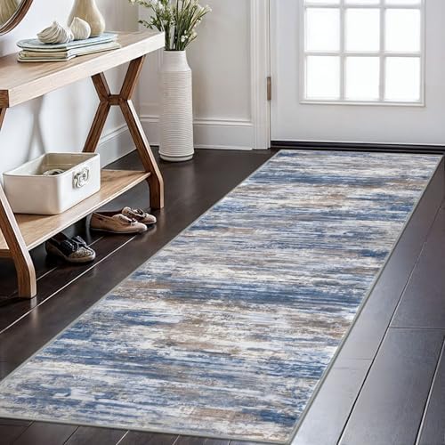 KOZYFLY Modern Runners for Hallways 2x6 Blue Rust Washable Runner Rug by KOZYFLY