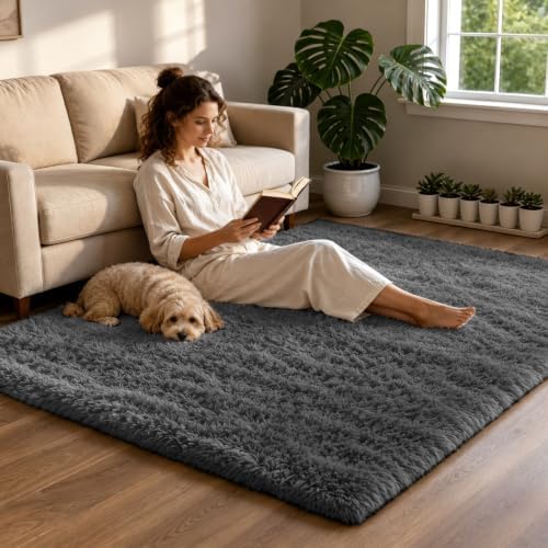 4x6 Dark Grey Fluffy Area Rug for Bedroom and Living Room, Washable Soft Shag - Image 4