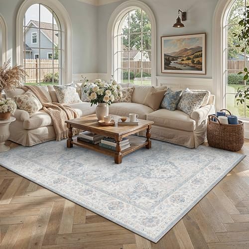 HUGEAR Blue 9x12 Washable Area Rugs Vintage Indoor Carpet - Image 2