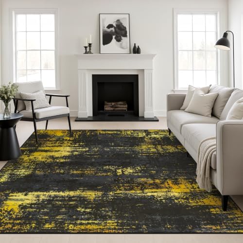 Area Rug Living Room: 8x8 Modern Washable Soft Carpet Black Gold by FXRHLP