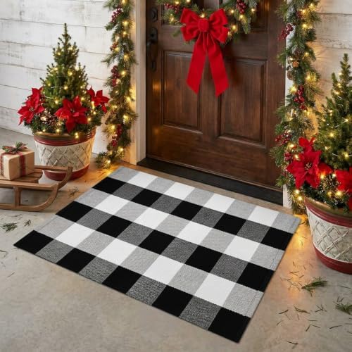 MUBIN Fall Decor Cotton Buffalo Plaid Rug, Washable Doormat Hand-Woven Foldable - Image 3