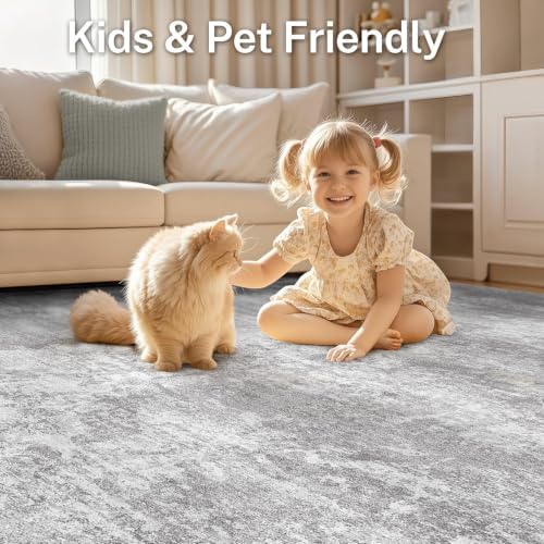 Area Rug Living Room-7X9 Abstract Washable Rug Light Grey - Image 5