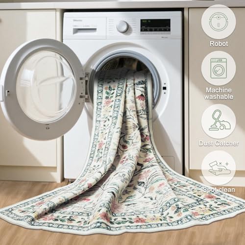 PLHXFR Round Area Rug Living Room: 6 ft Floral Washable Carpet Green Beige - Image 7